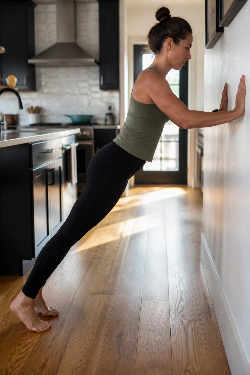 Person performing incline plank on a wall or counter in a home setup.