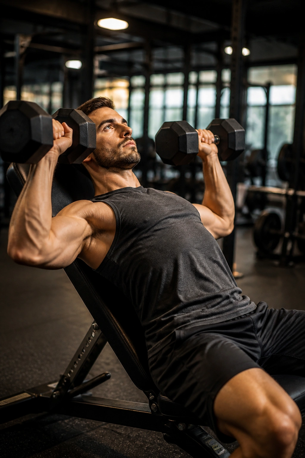 Lifter performing incline dumbbell press in gym setting