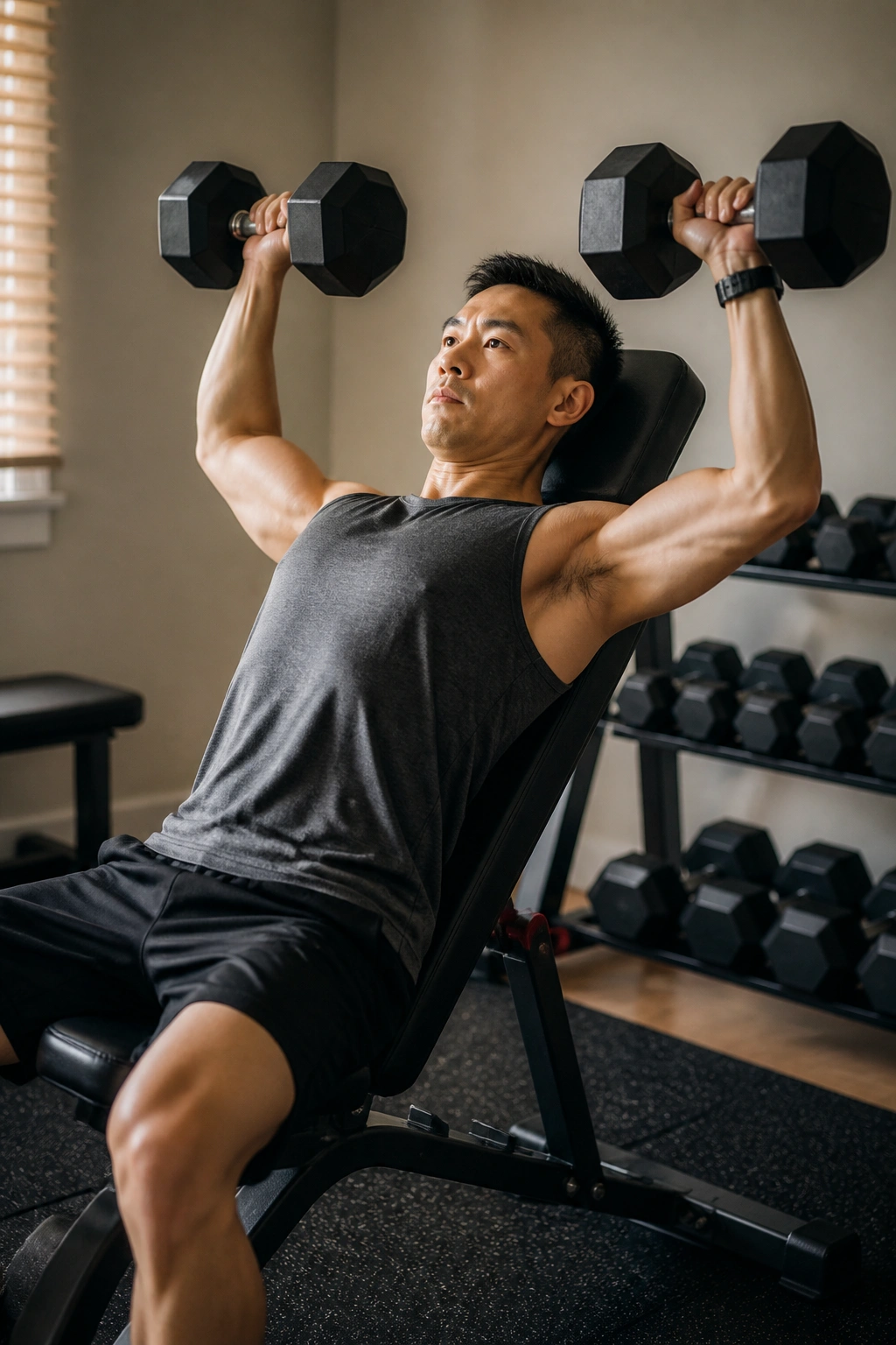 Medium shot of person incline pressing dumbbells in a home gym