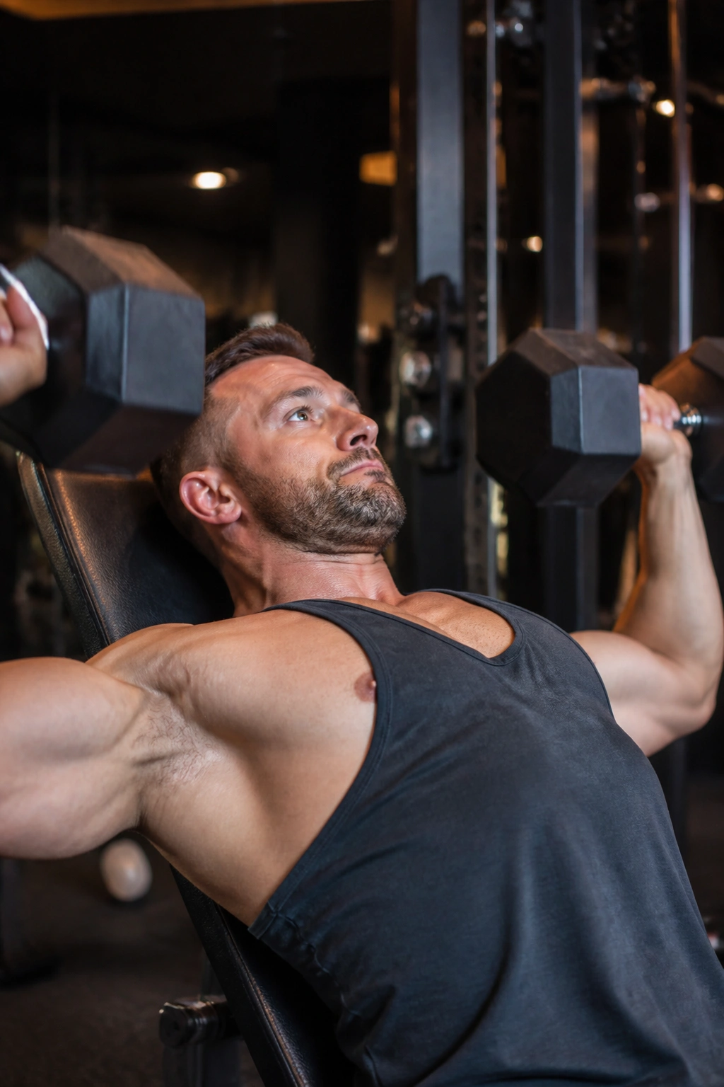Real person performing incline dumbbell press in gym
