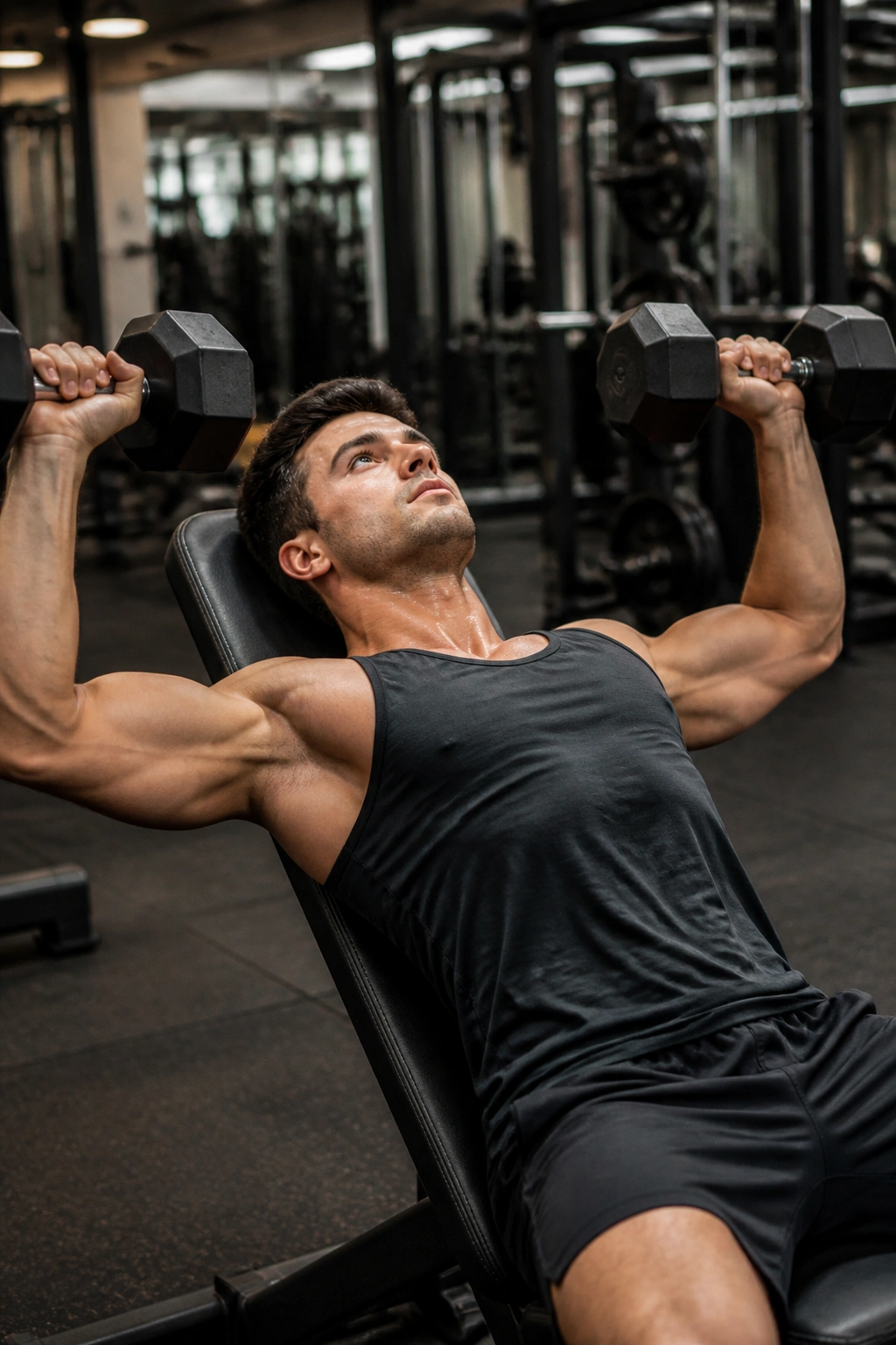 Close-up of a person performing incline dumbbell press in a gym