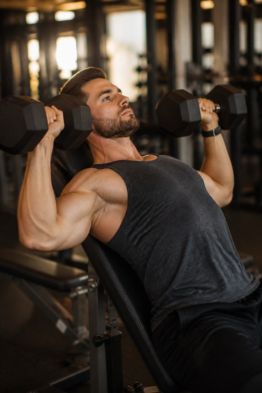 Close-up of a person performing incline dumbbell press with neutral grip