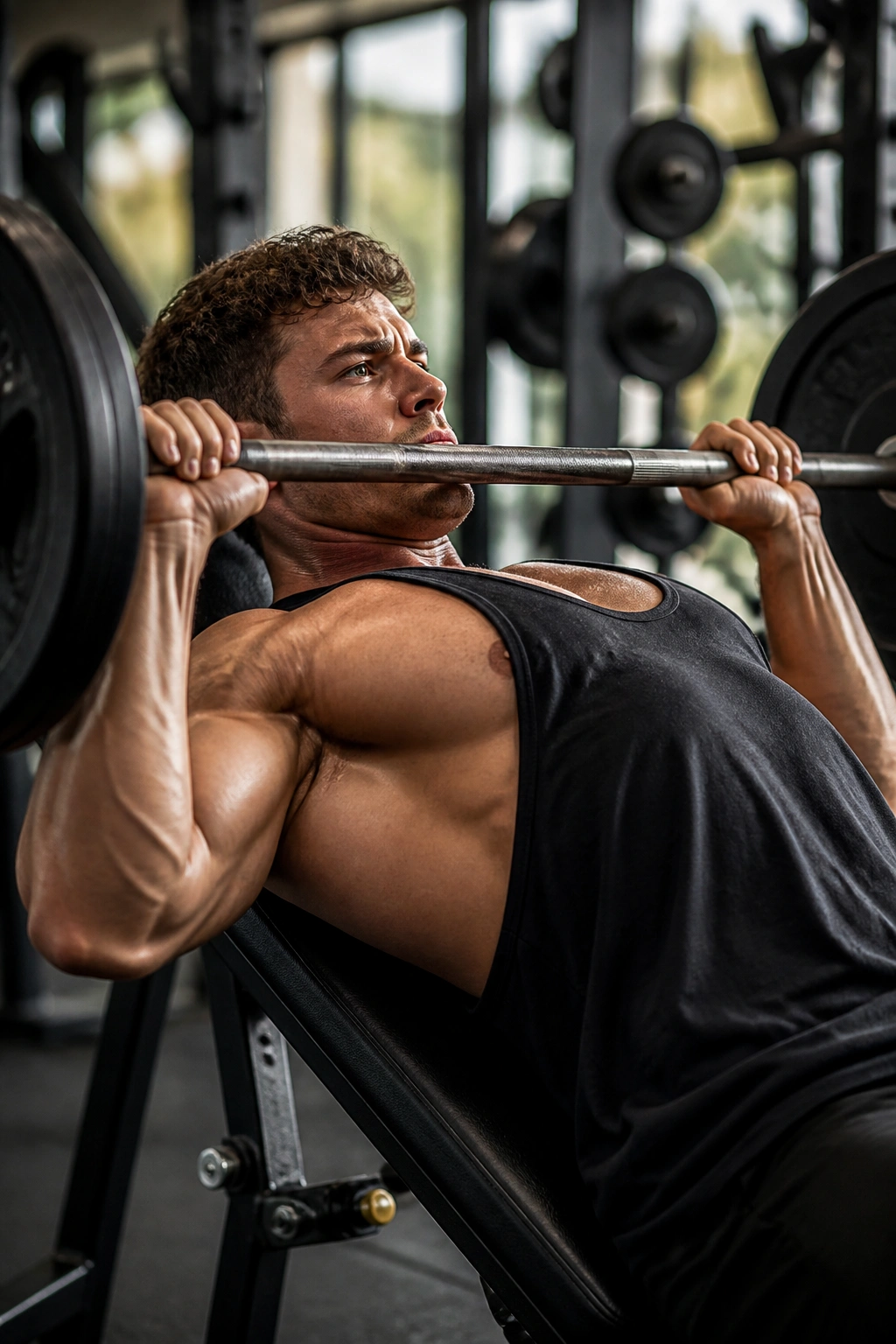 Lifter performing incline bench press focusing on chest and shoulders