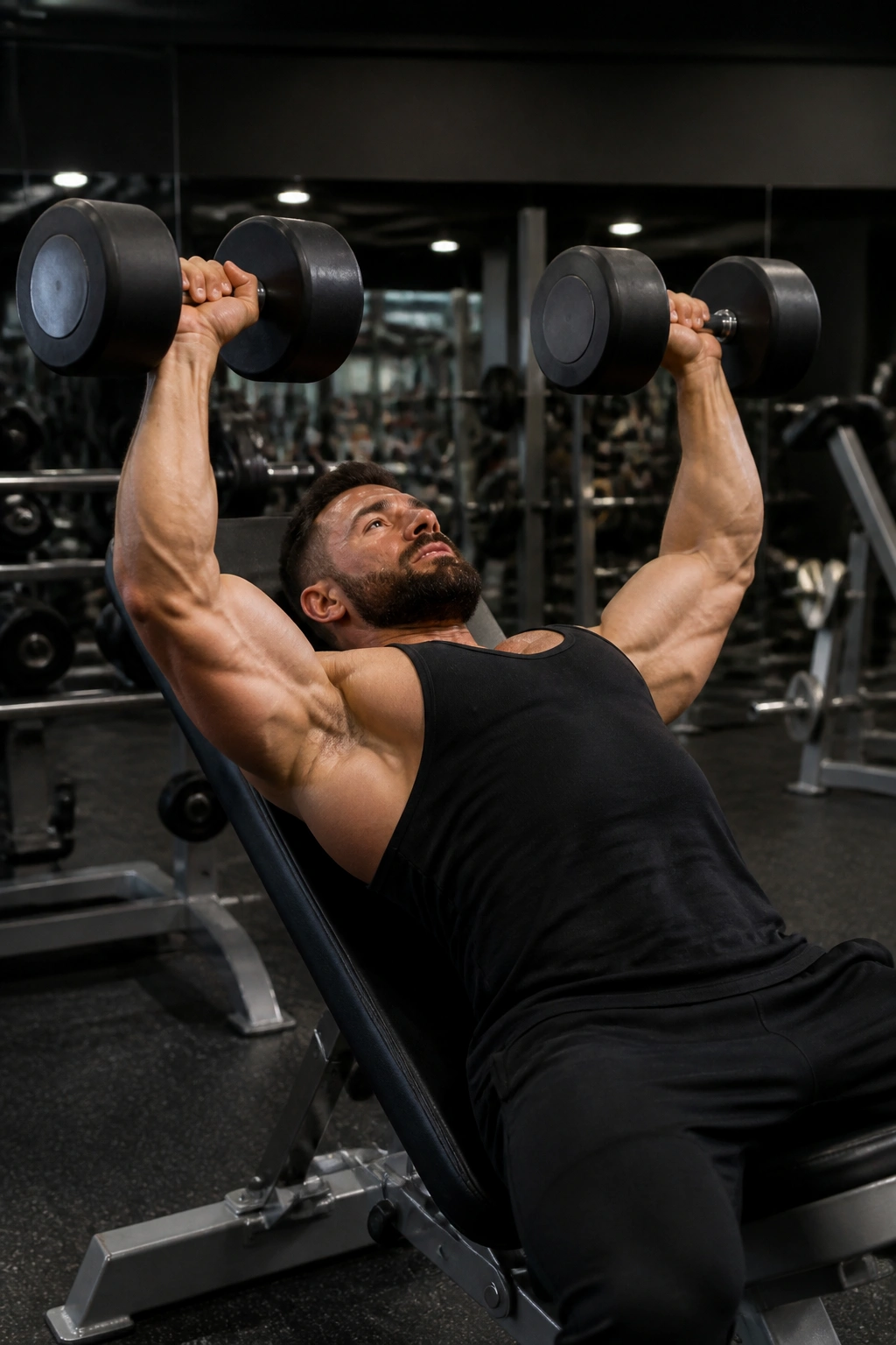 Torso shot of lifter performing incline press and chest-supported row superset in gym
