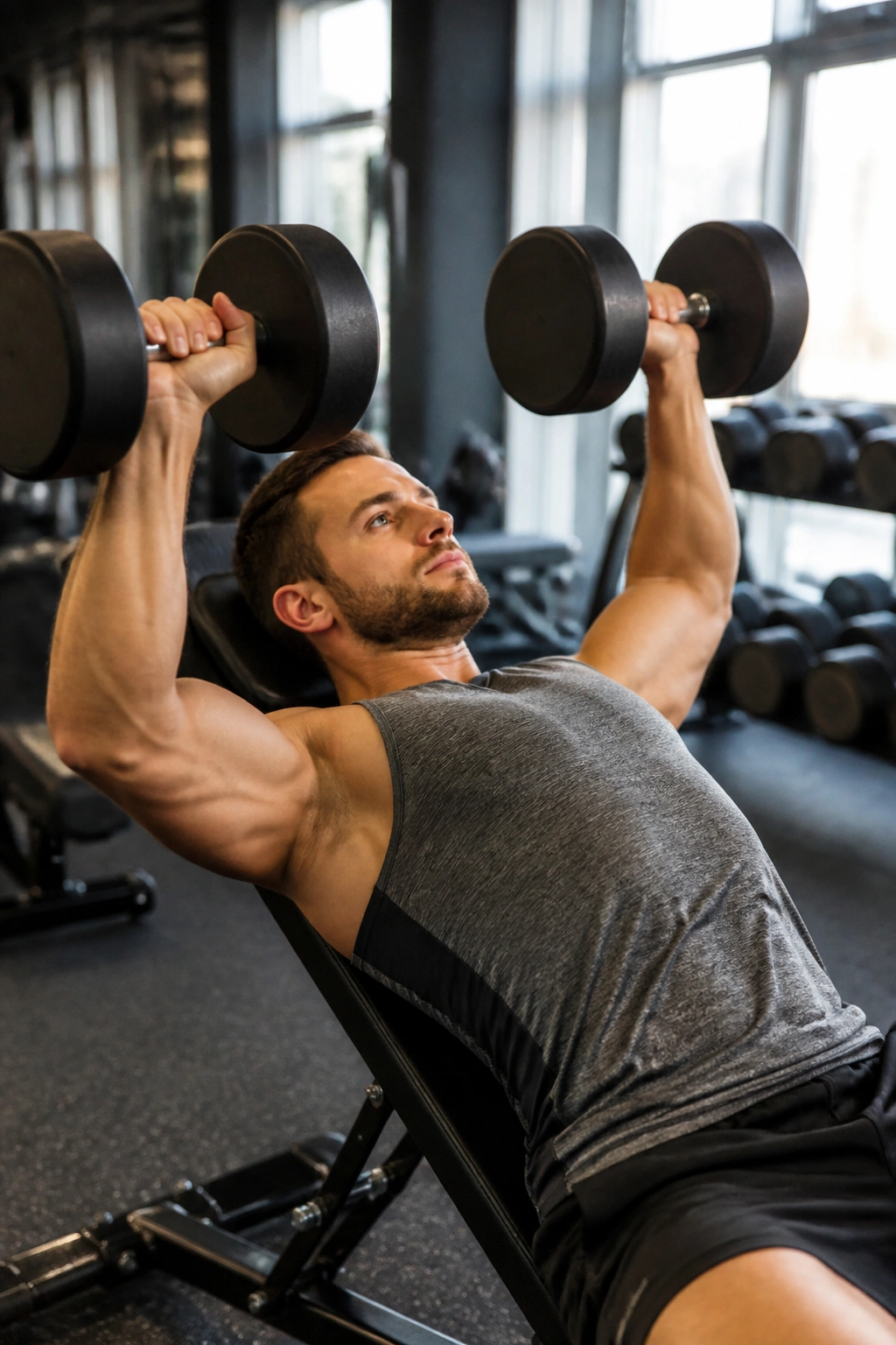 Upper chest engaged incline dumbbell press on an incline bench