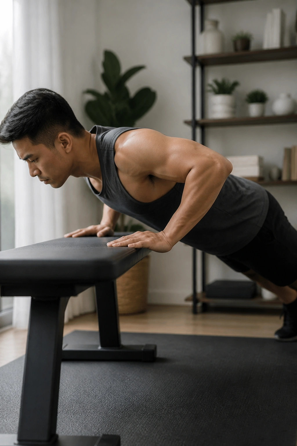 Real person performing incline push-up with straight body on a bench in a bright room