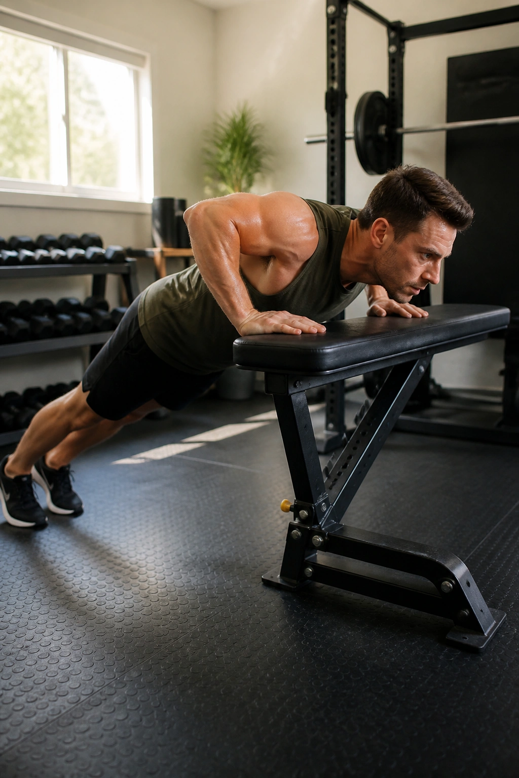 Portrait of a person doing an incline push-up with hands on a bench