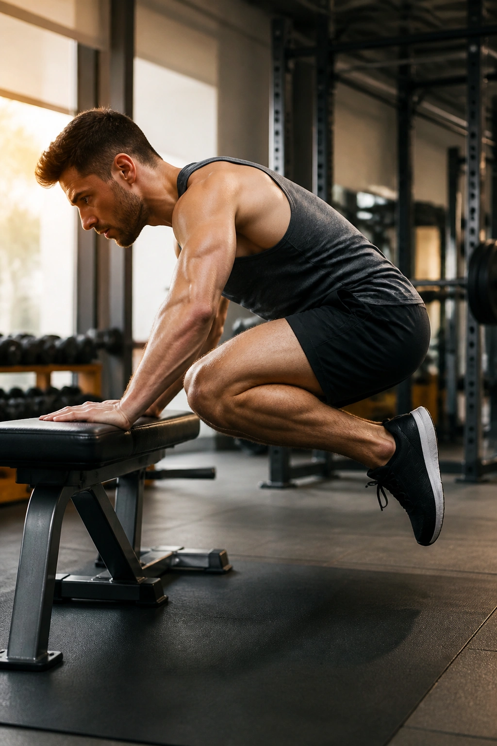 Real person performing incline push-up with knee tuck on bench in a gym