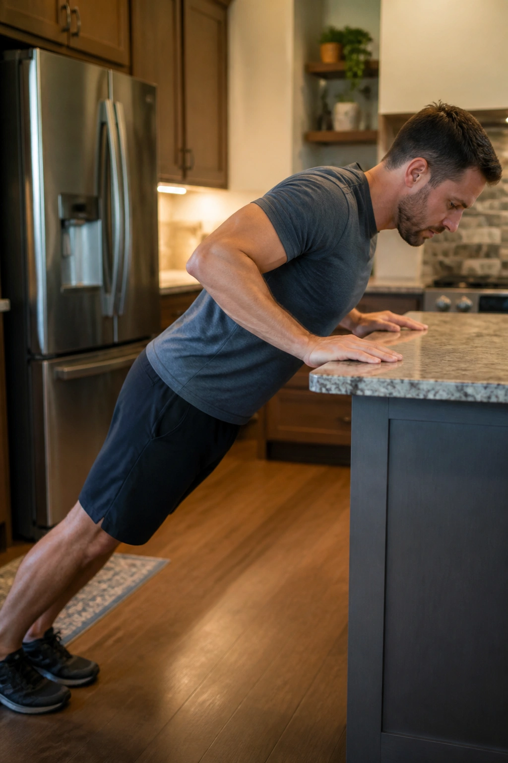 Person doing incline push-ups on a kitchen counter