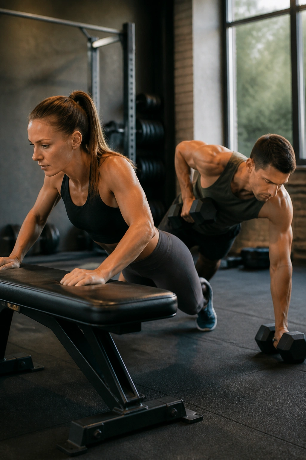 Athletes perform incline push-up and renegade row in a gym setting
