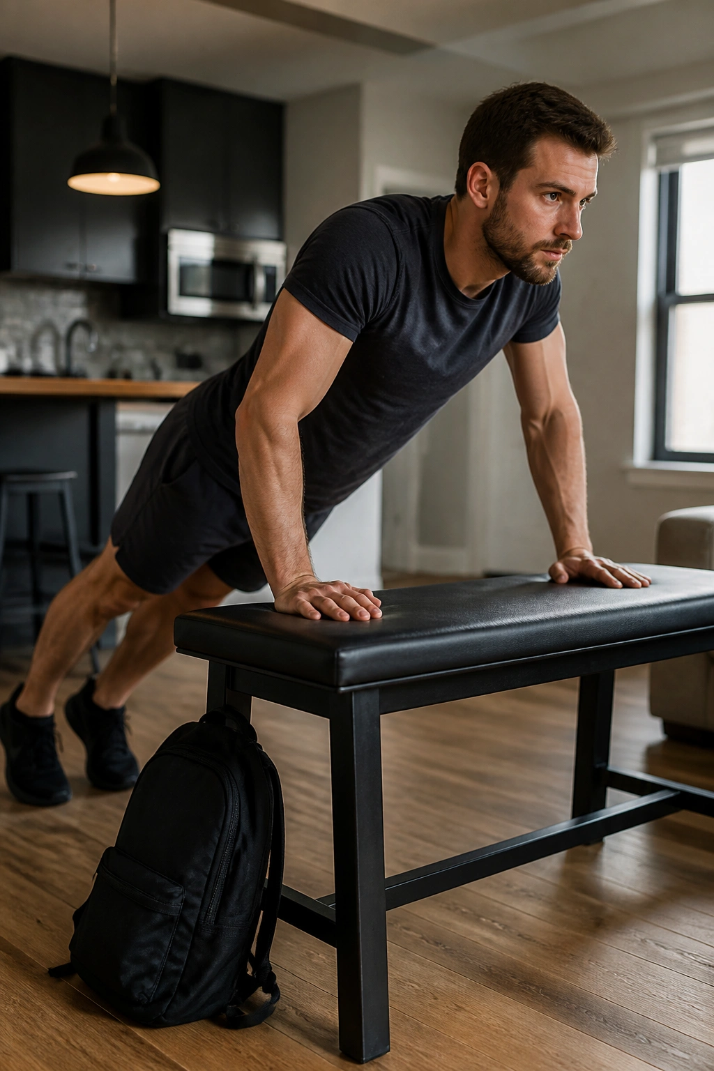 Medium close-up of a person performing incline push-up at home with a backpack row hint in the background.