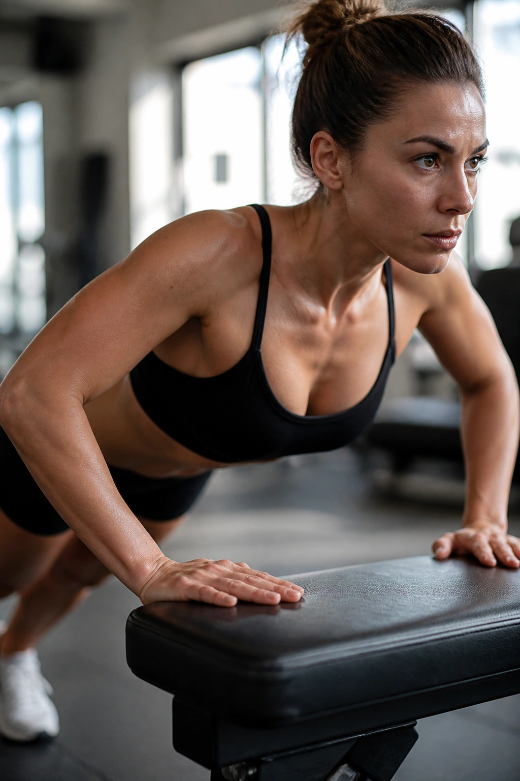 Close-up of a real woman performing incline push-up on a bench, upper chest engaged
