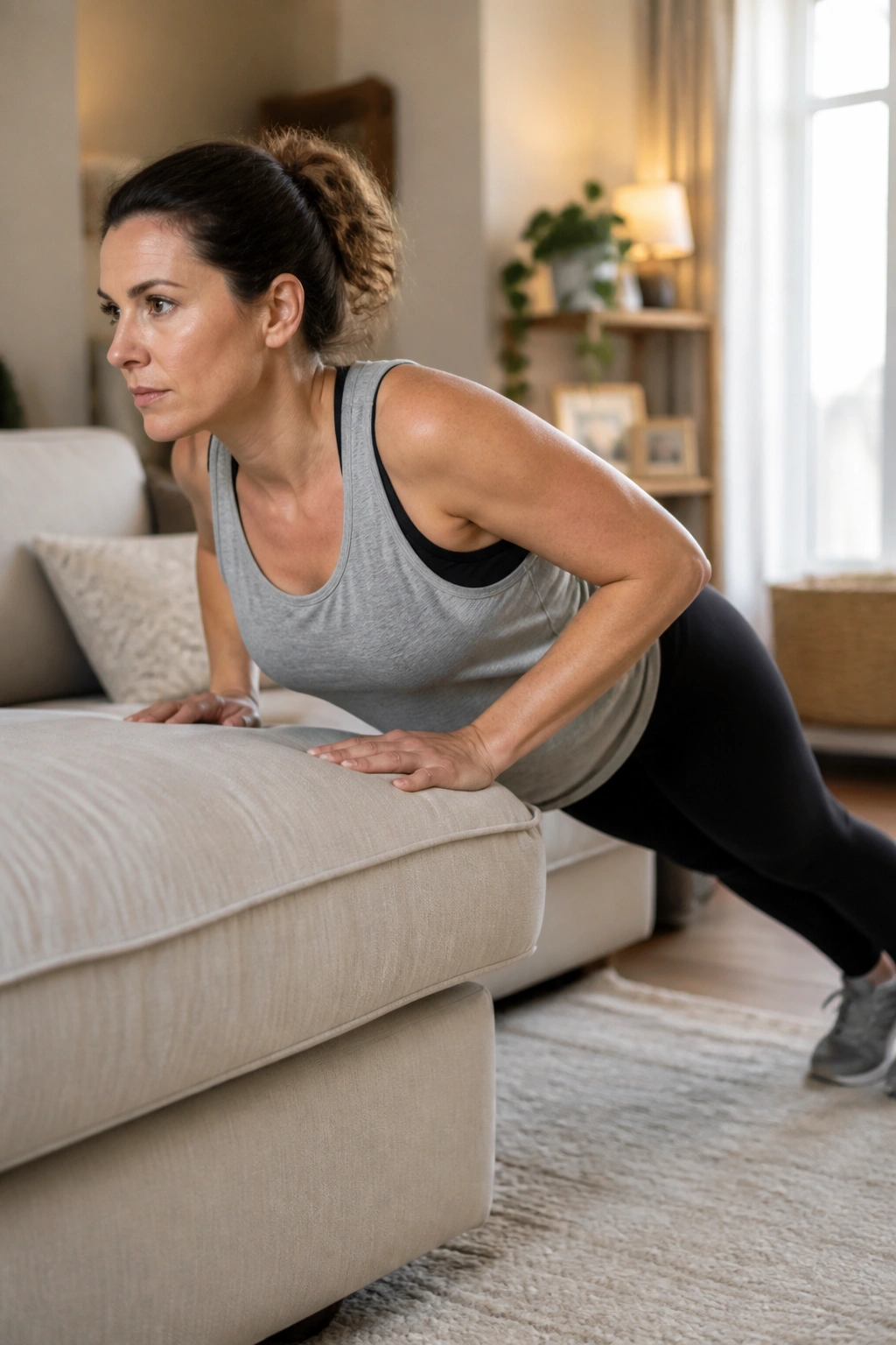 Person doing incline push-ups on a couch in a living room
