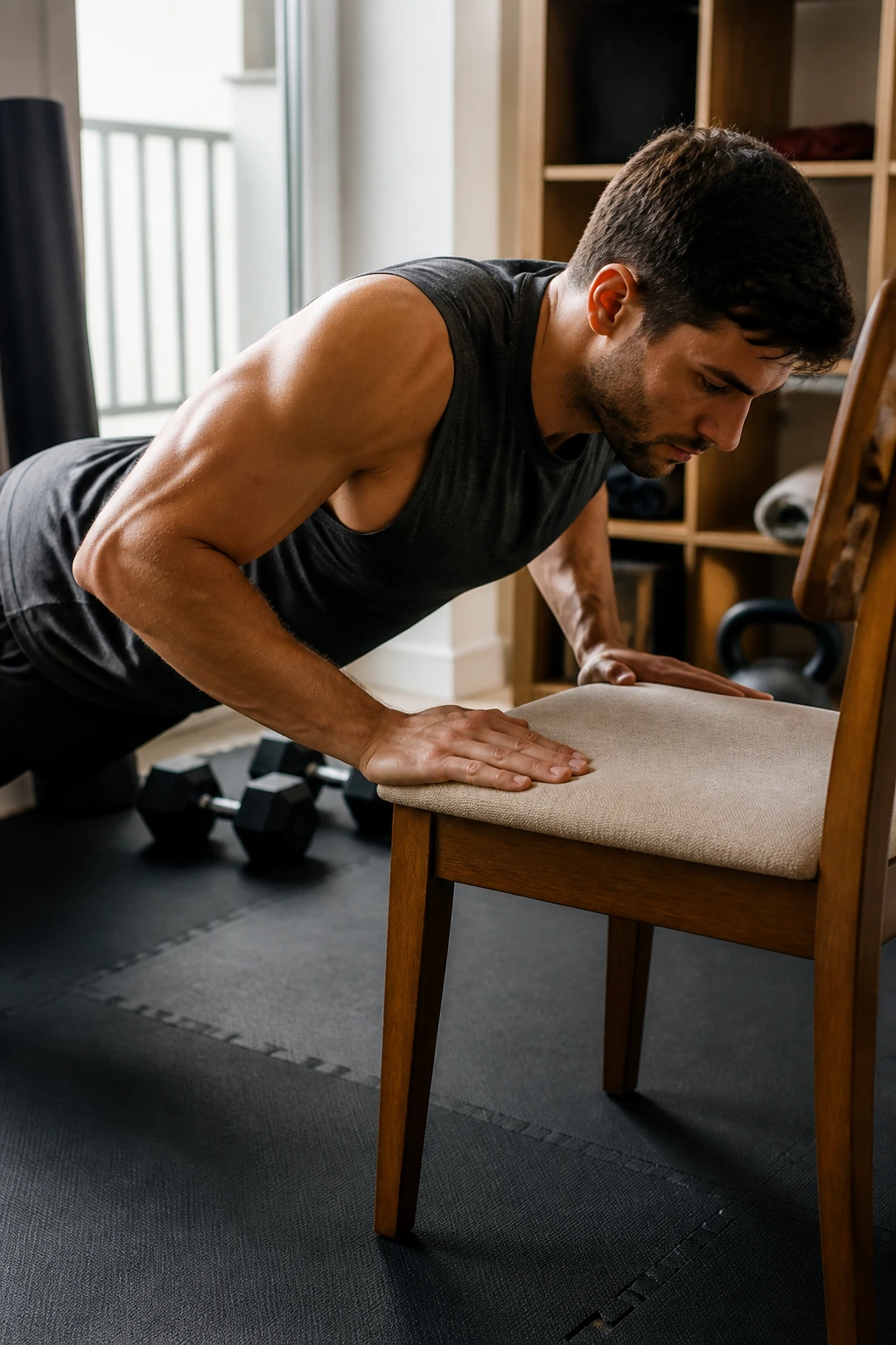 Close-up of a person performing incline push-ups against a chair