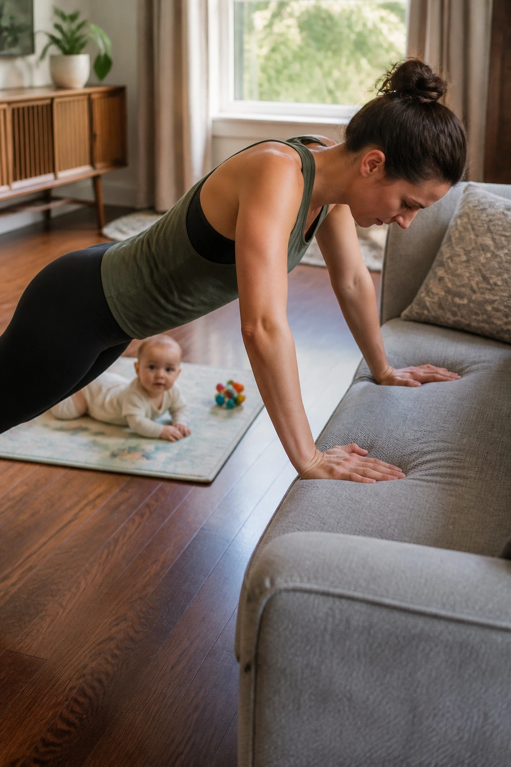 Medium close-up of a person doing incline push-ups with a baby on the floor mat in the background