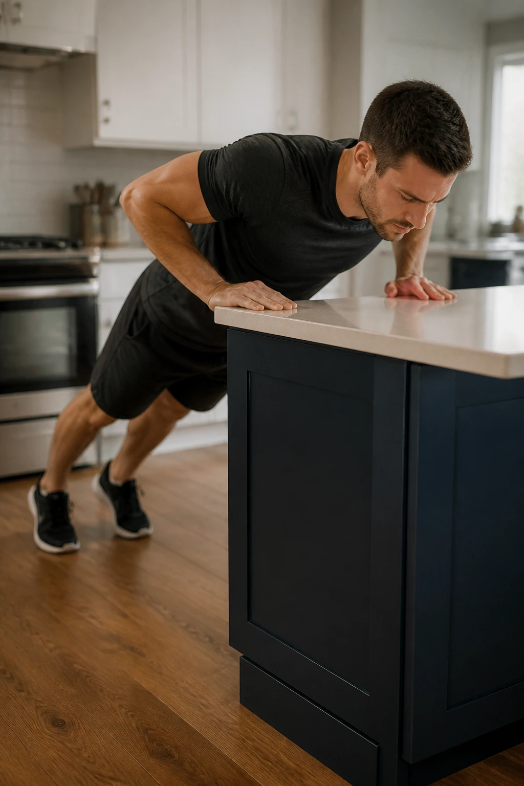 Person performing incline push-ups on an elevated surface at home