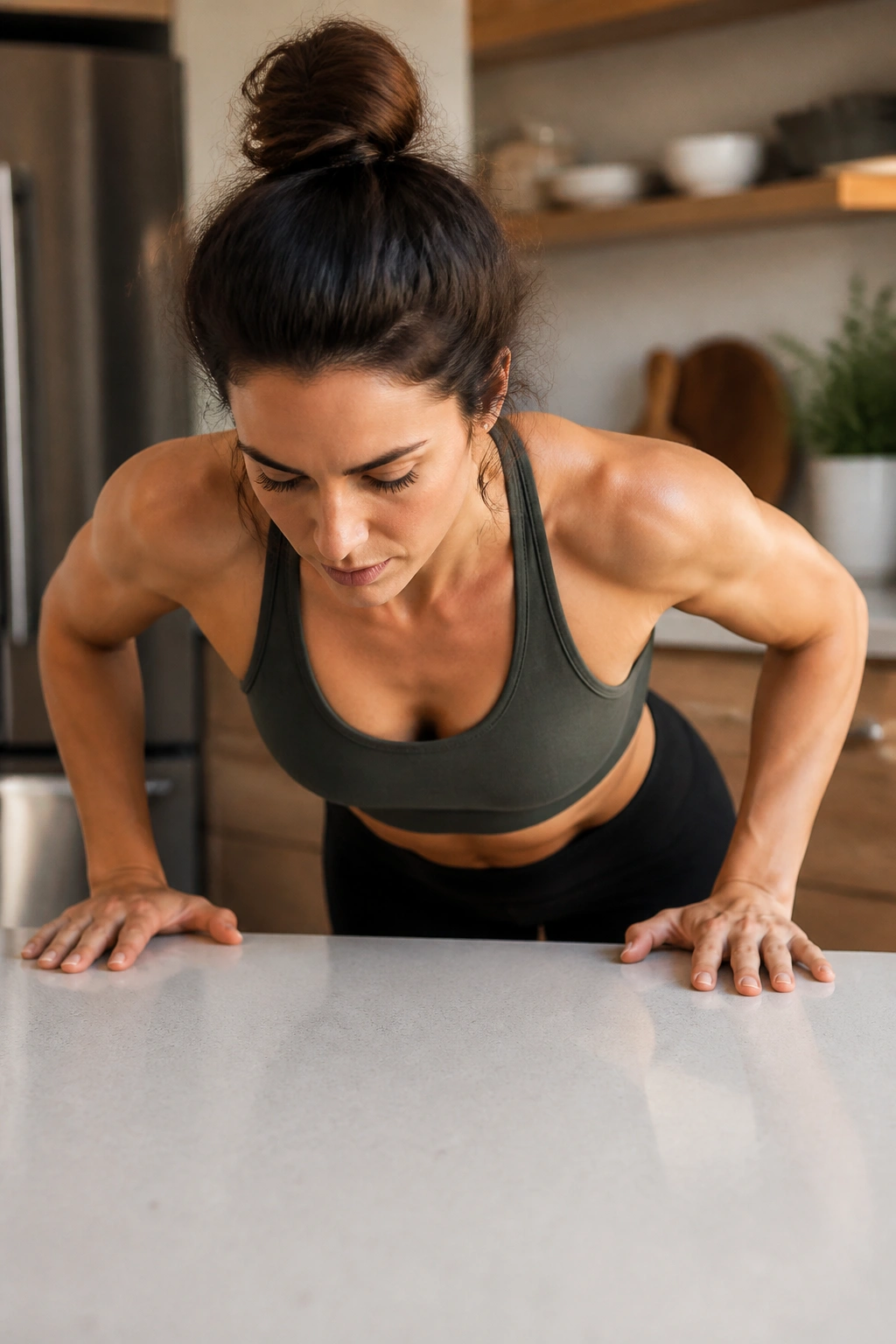 Close-up of a person performing incline push-ups on a kitchen counter