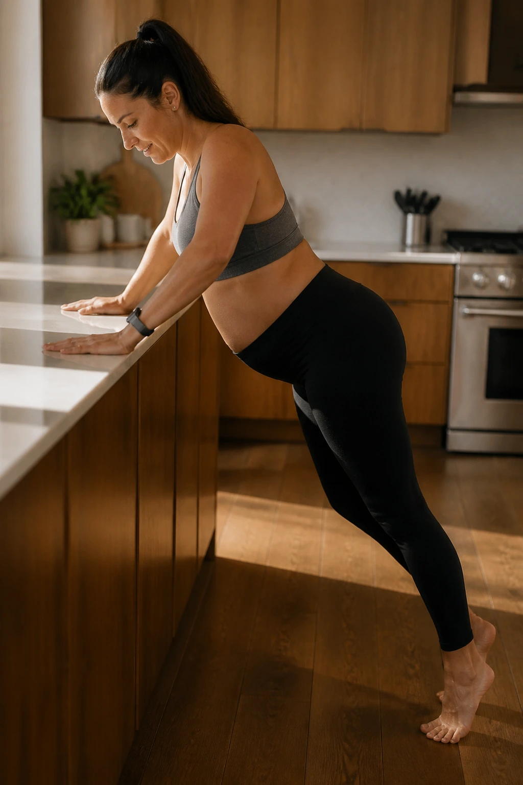 Close-up of a person performing incline push-ups with toe taps at a kitchen counter