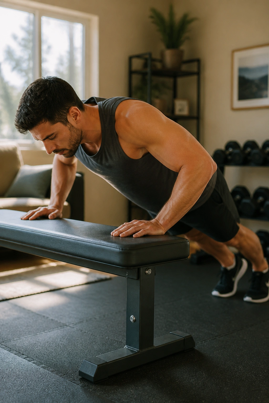 Portrait of a person doing incline push-ups on a bench in a home gym.