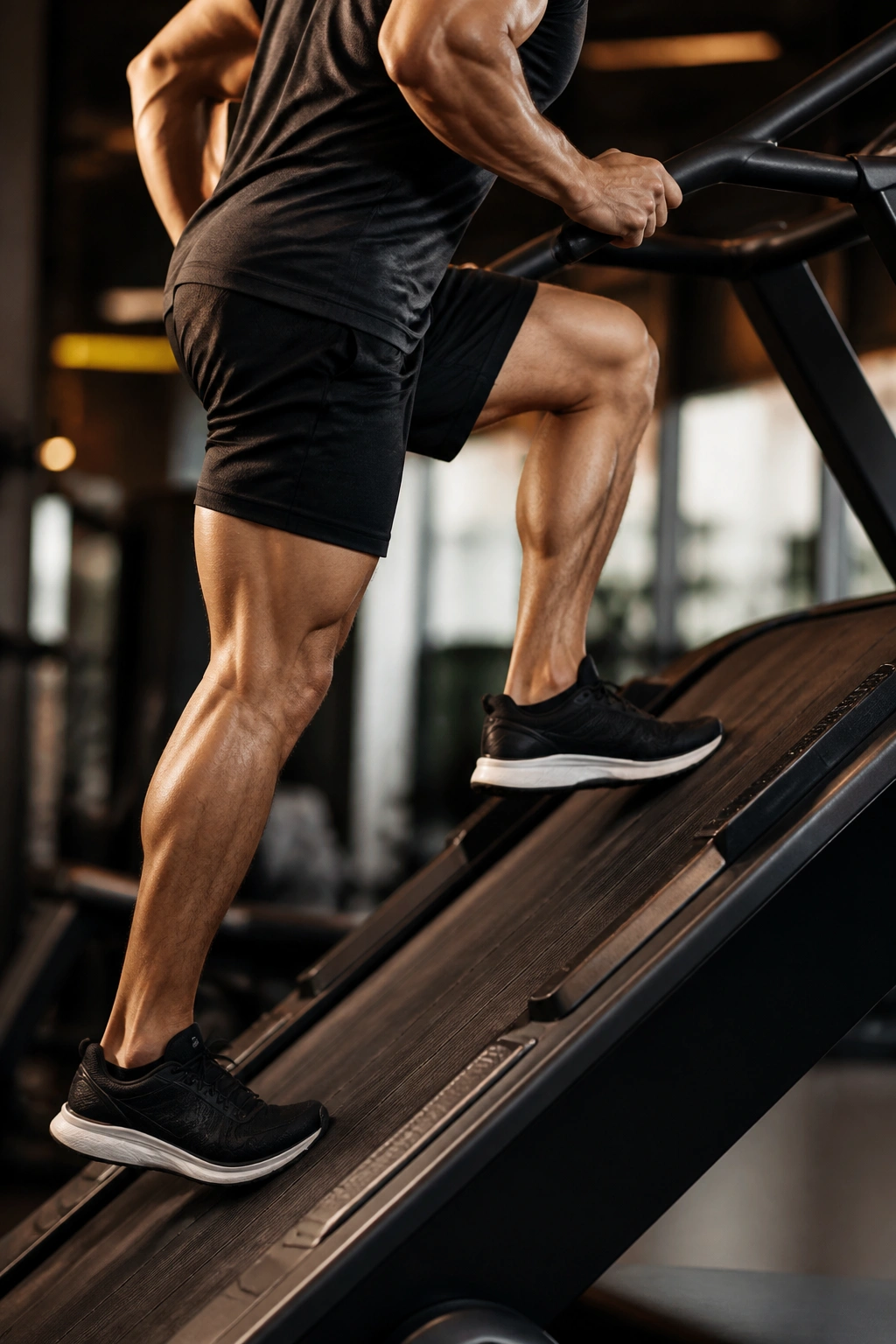 Close-up of a runner's legs and torso on an incline treadmill in a gym