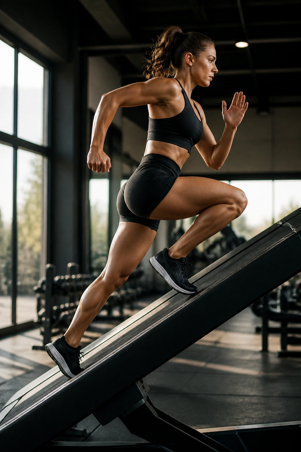 Athlete sprinting on incline treadmill in a gym