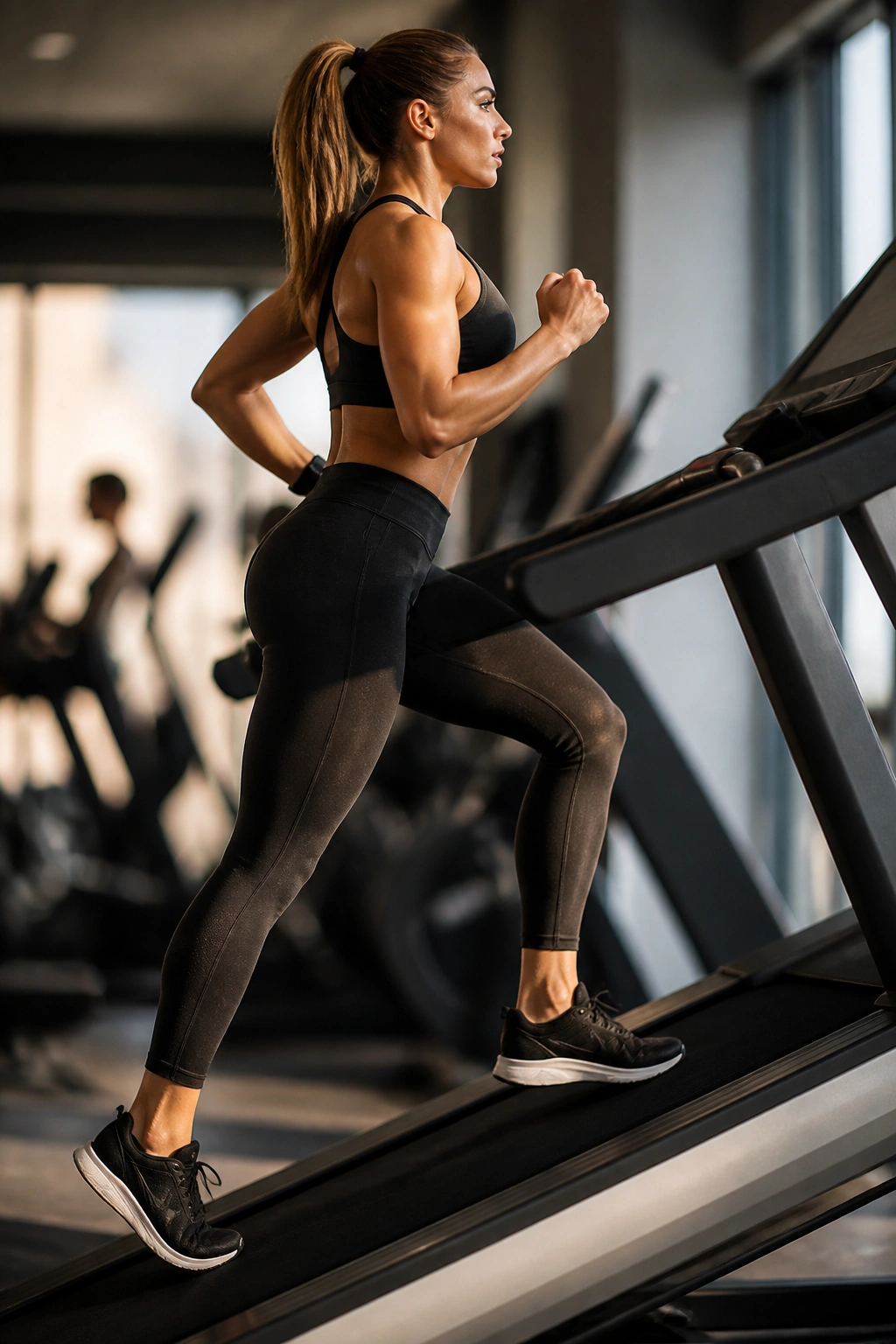 Close-up of a fit woman on an incline treadmill demonstrating low-impact burn