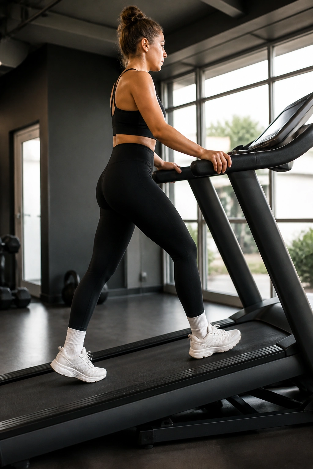 Person walking on incline treadmill in gym.