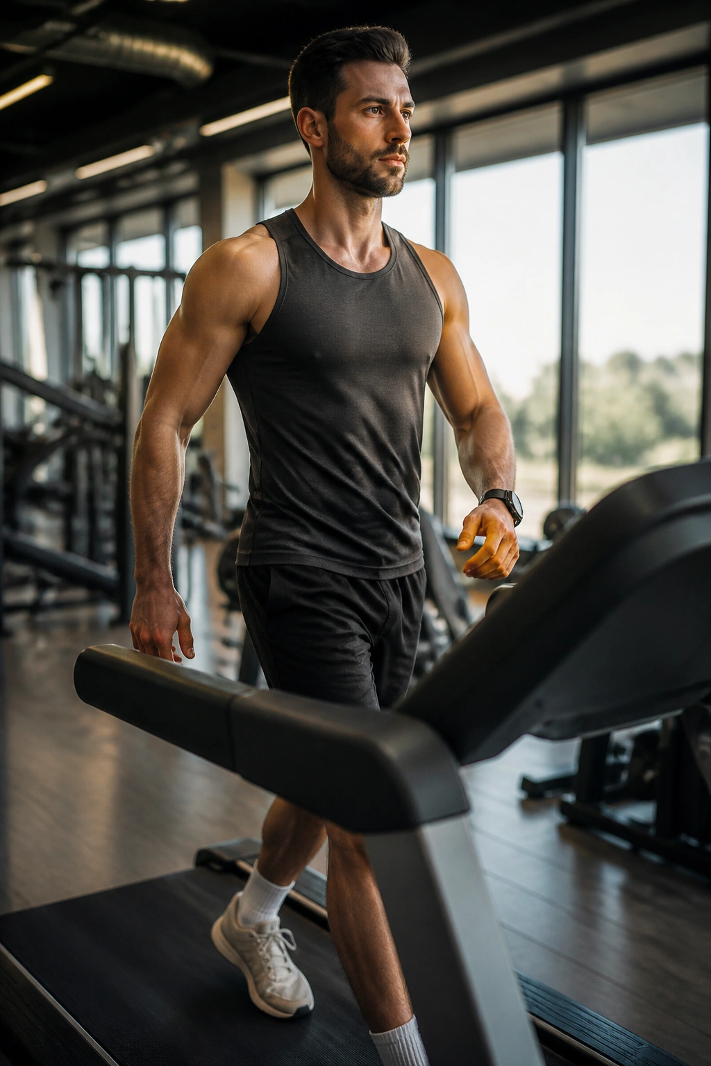 Person walking on incline treadmill focusing on core engagement
