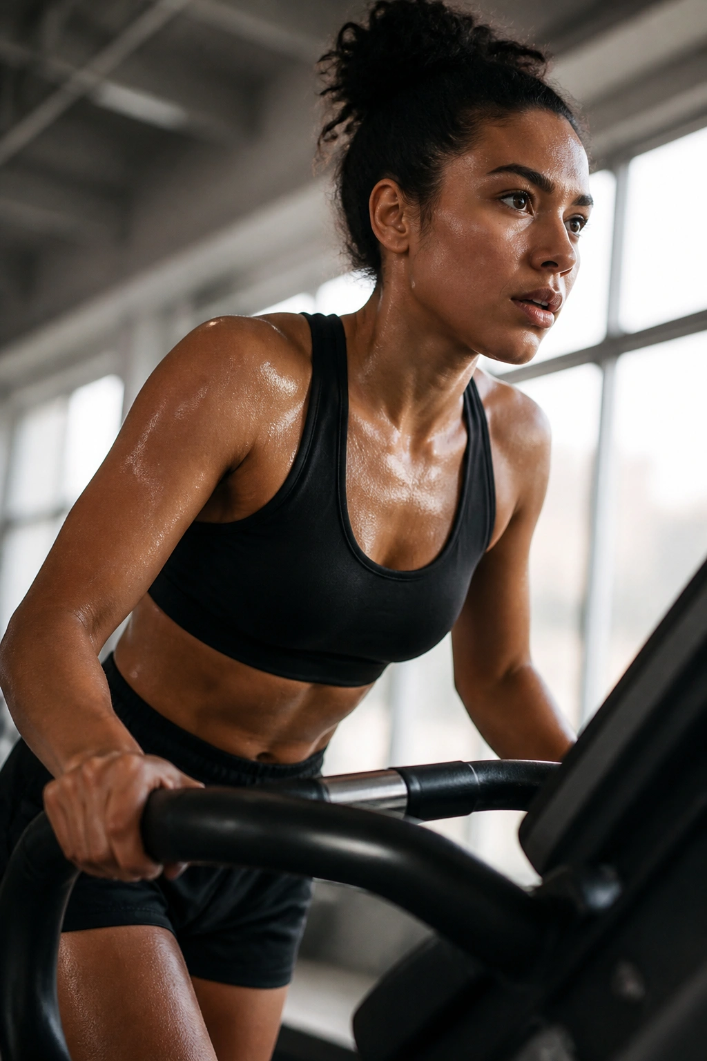Runner on treadmill maintaining constant incline in gym