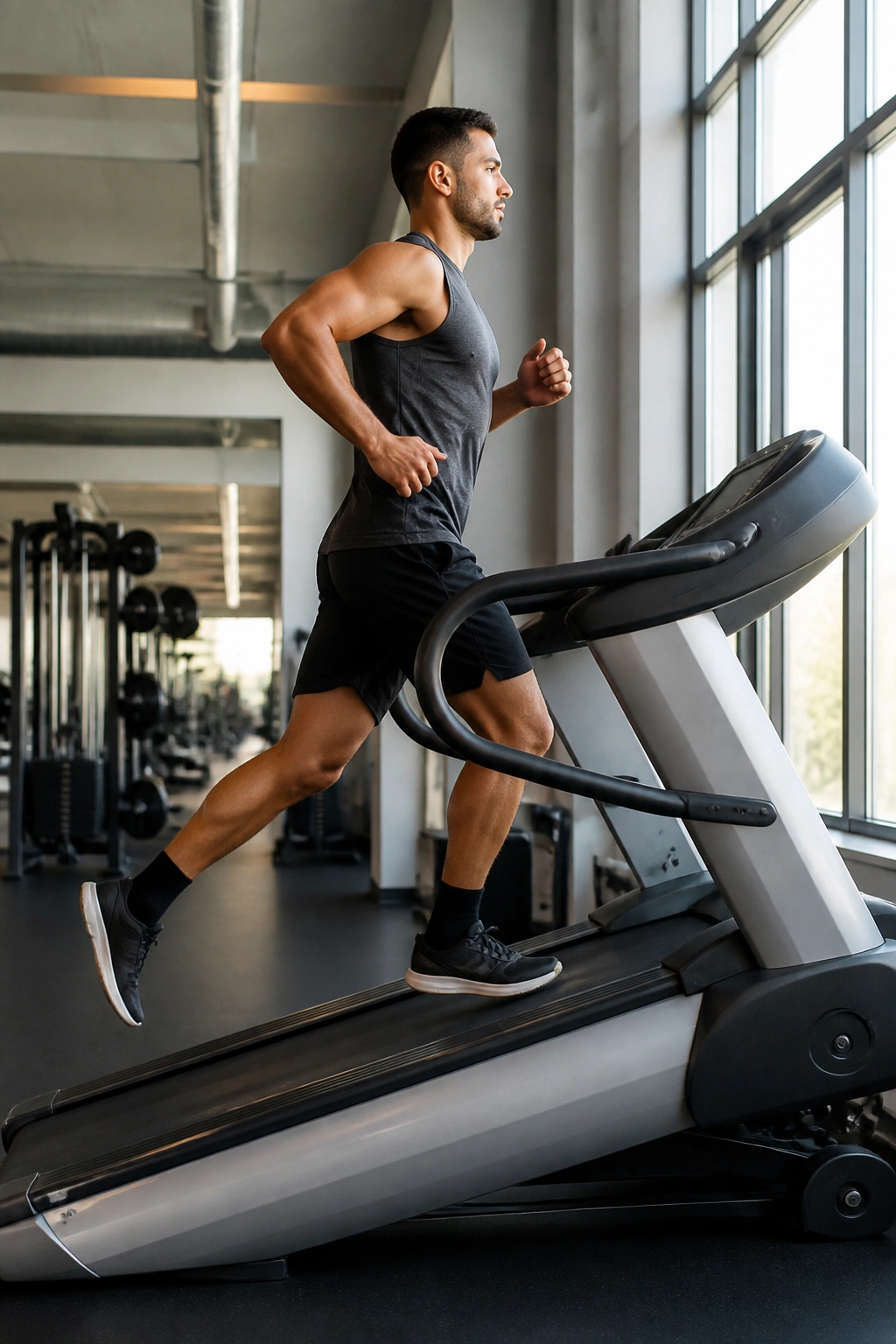 Person on incline treadmill intervals in a bright gym