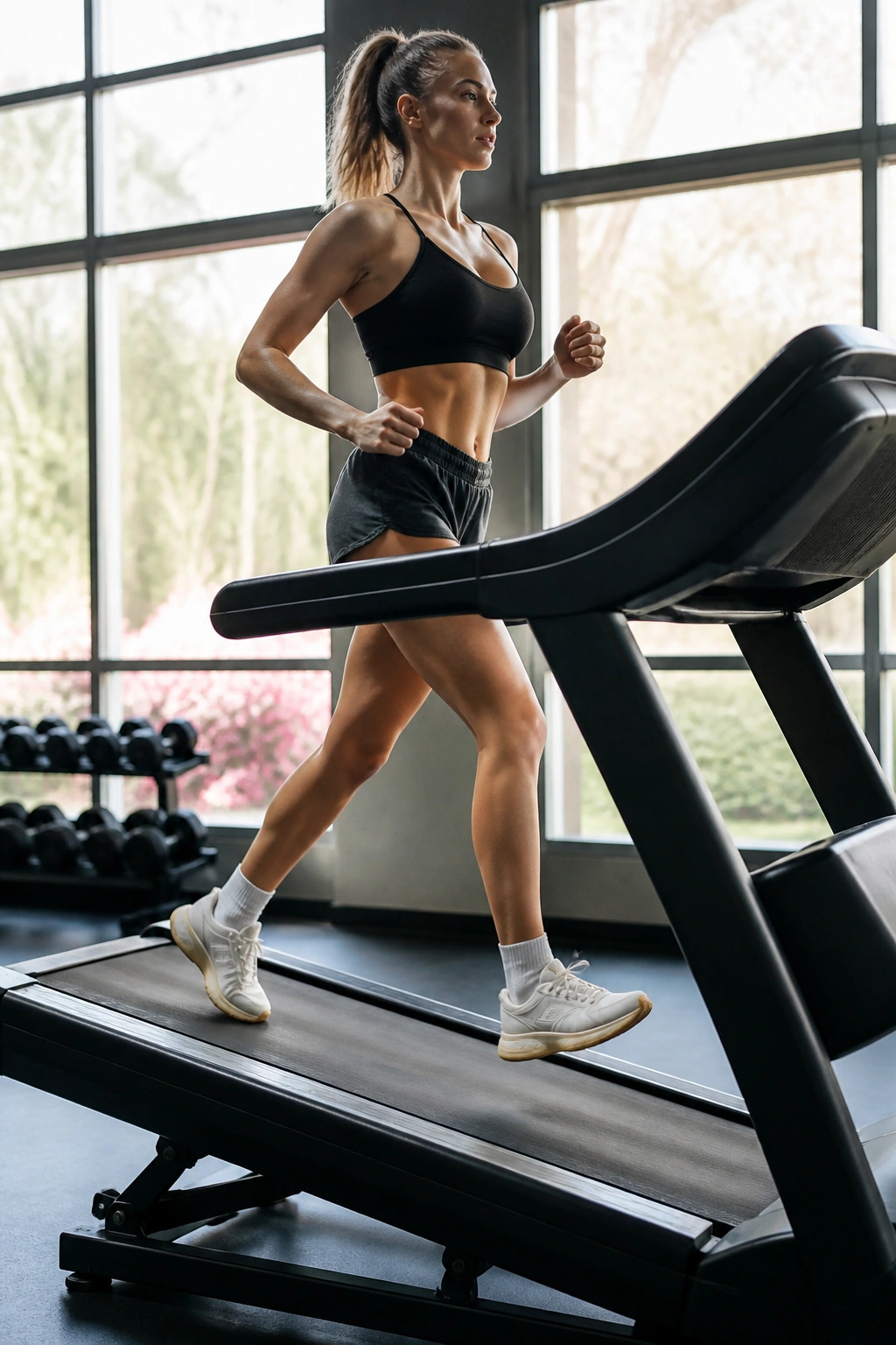 Person on incline treadmill pushing hard in a gym