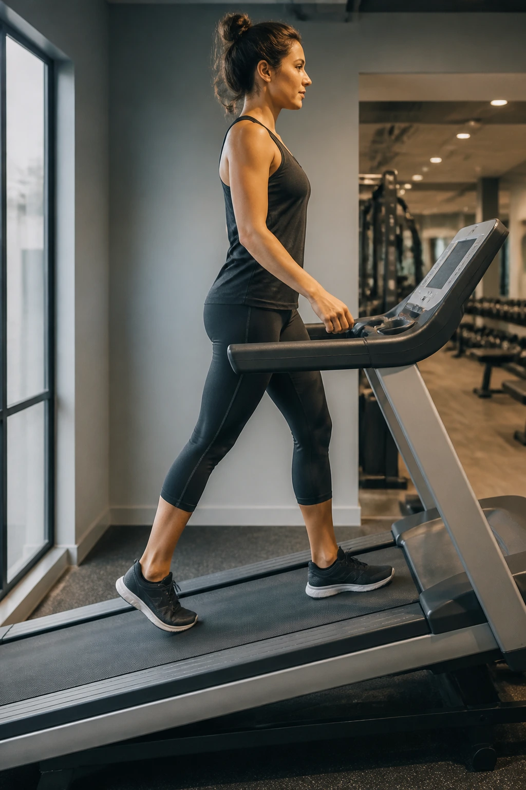 Side profile of a person incline walking on a treadmill