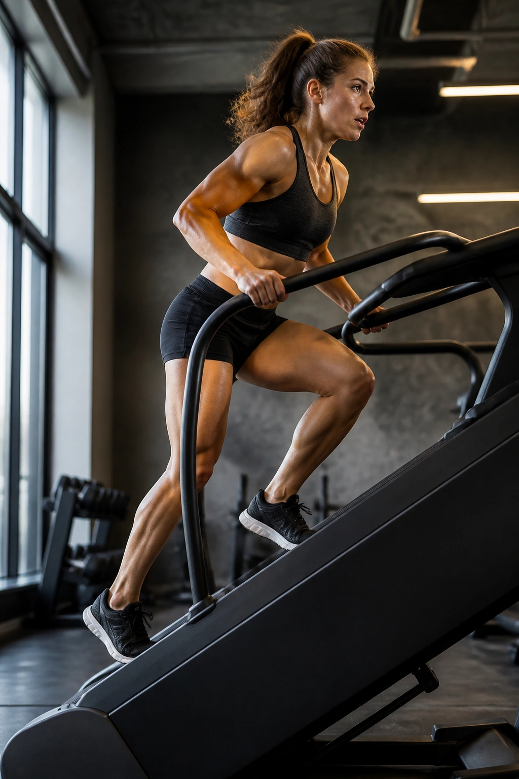 Mid-shot of a person sprinting on an incline treadmill with a focused expression
