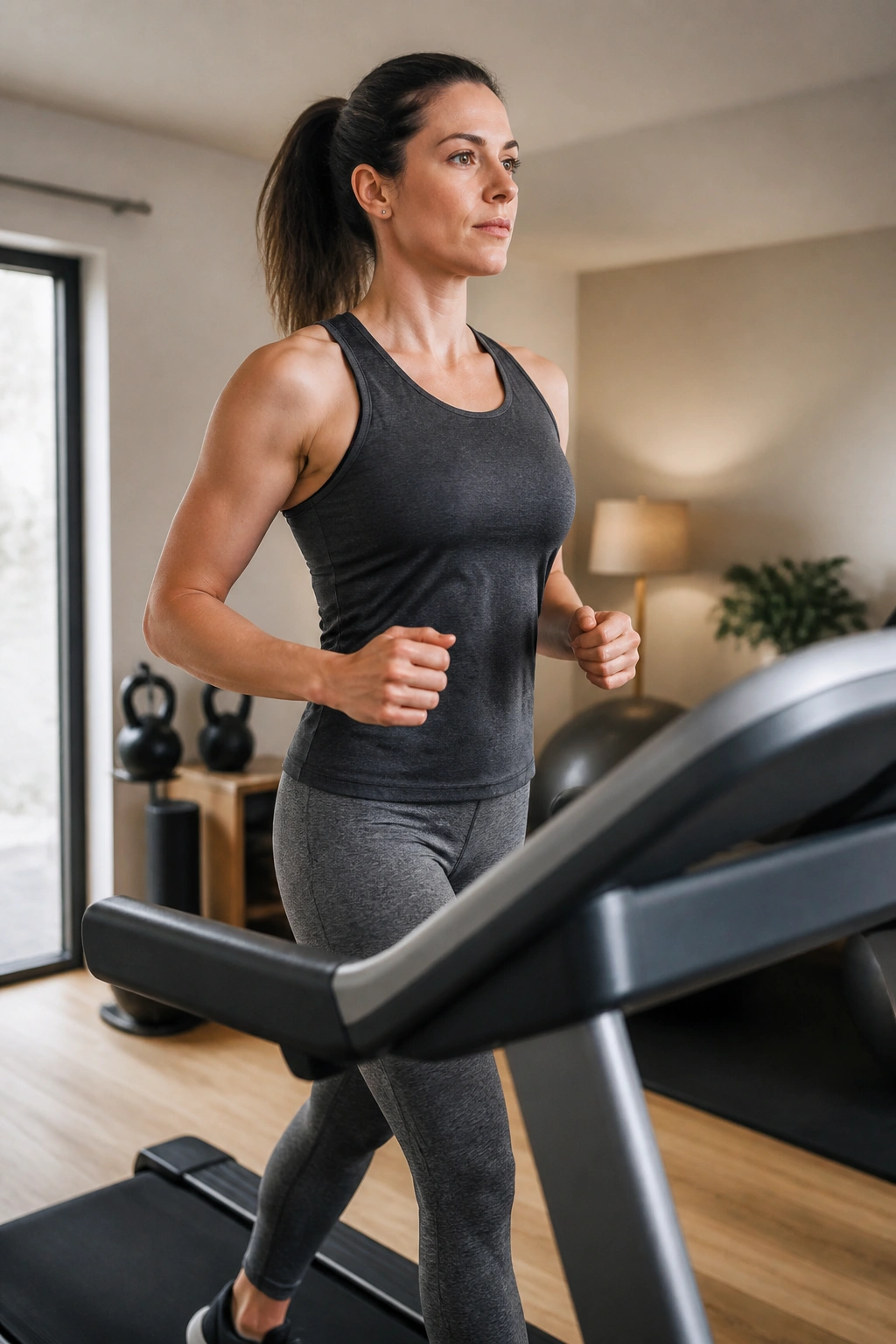 Person walking on an incline treadmill in a bright home gym