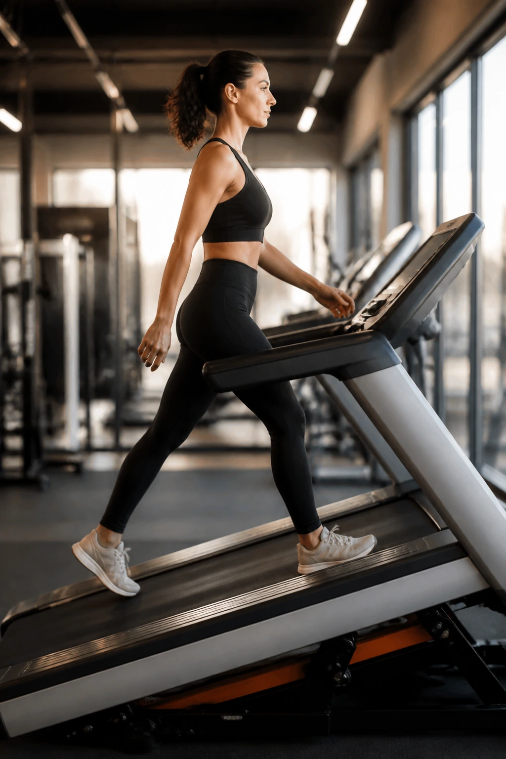 Side profile of a person walking on an incline treadmill in a gym