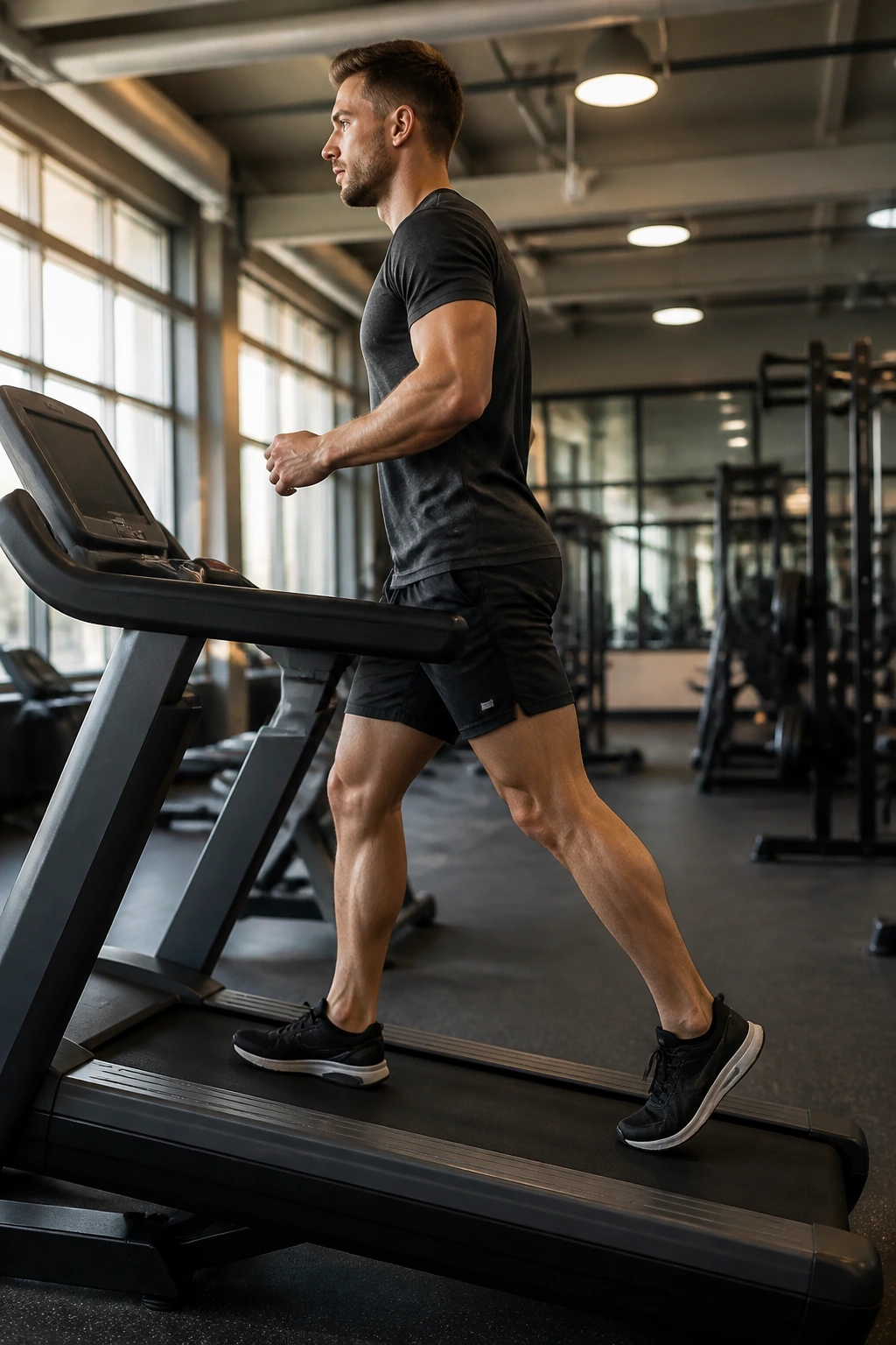 Person walking on incline treadmill in gym