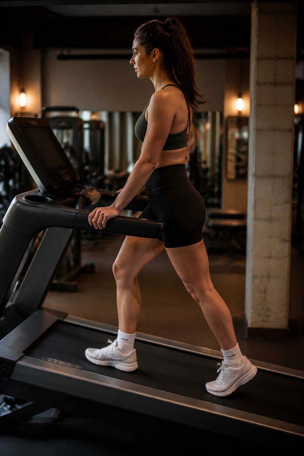 Person walking on incline treadmill in gym setting