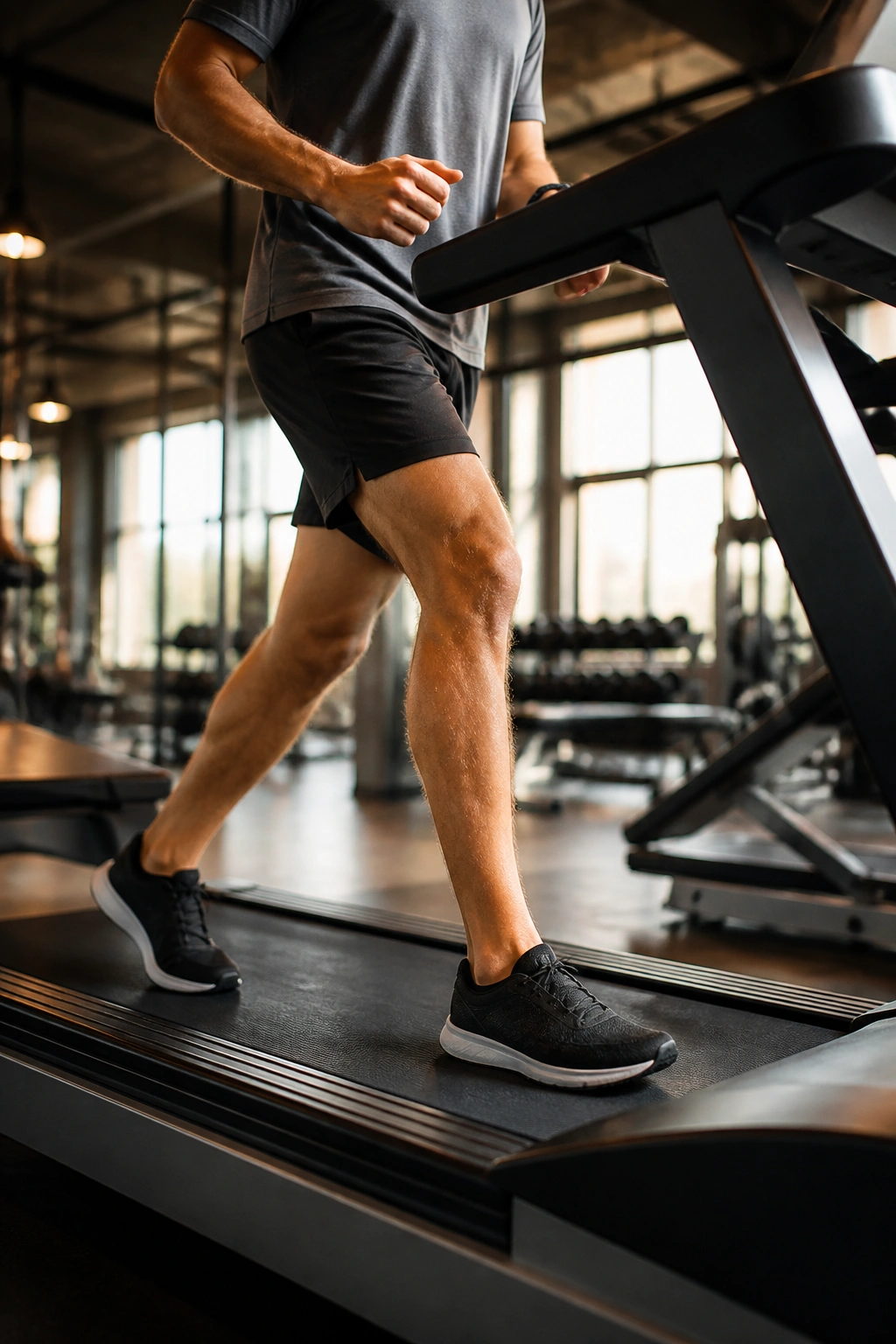 Mid-section shot of a runner walking on an incline treadmill in a gym