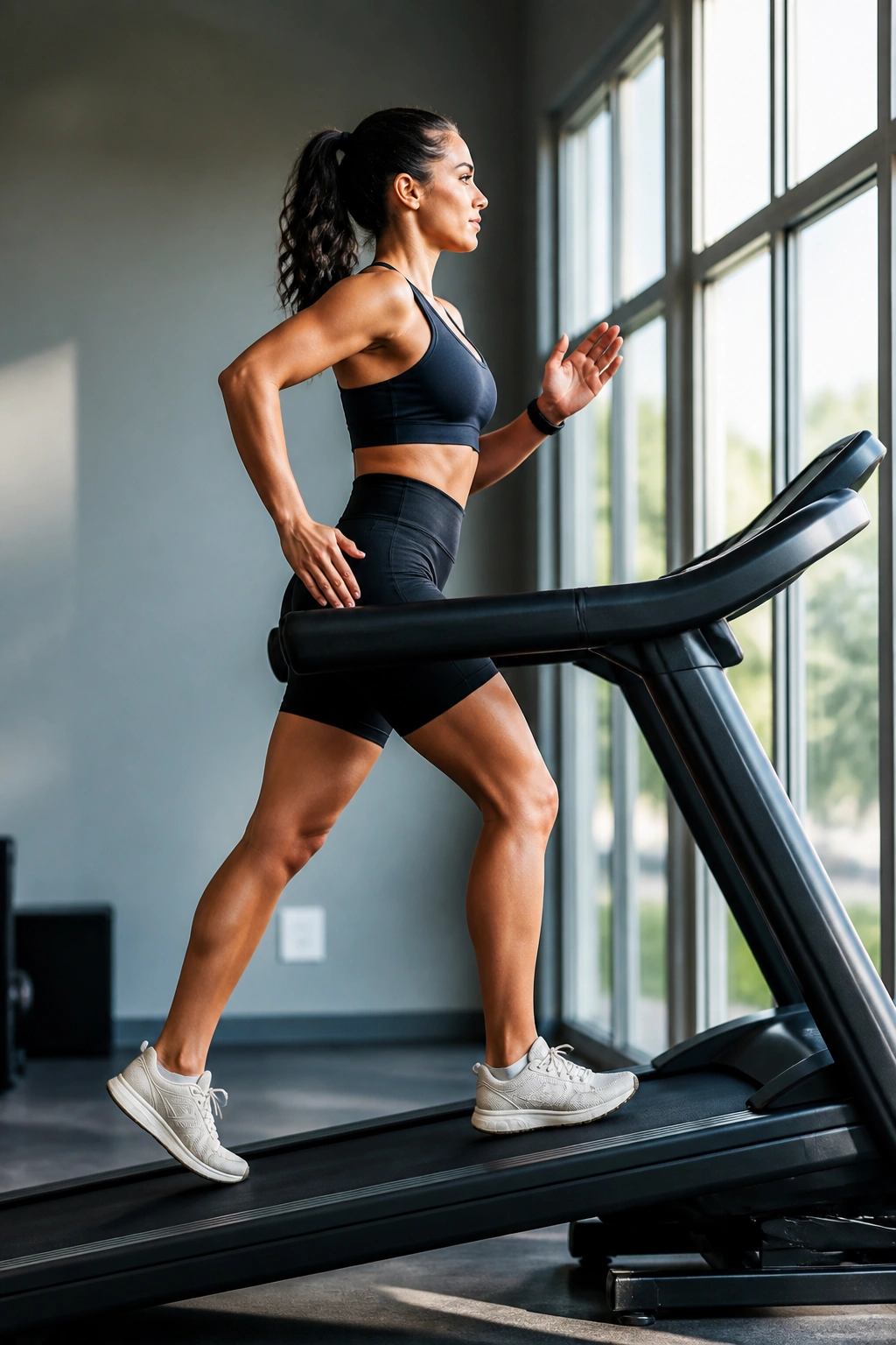 Person on incline treadmill performing incline walk with arm drive in gym