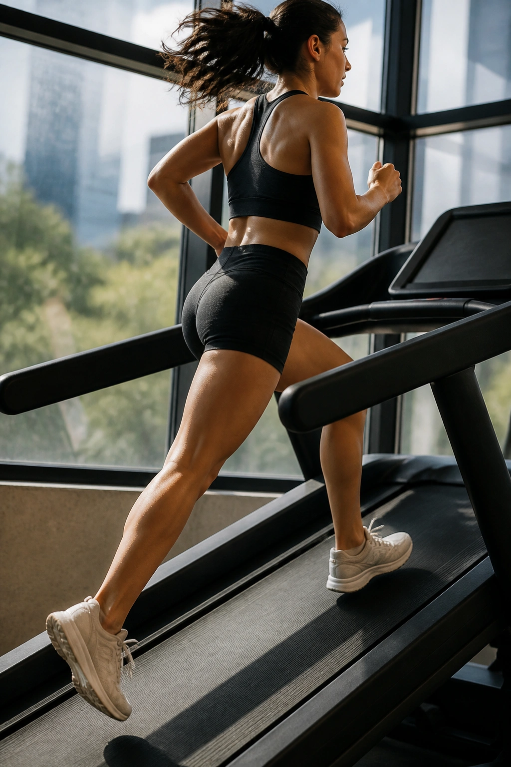 Person on treadmill performing incline walk and sprint intervals in a gym