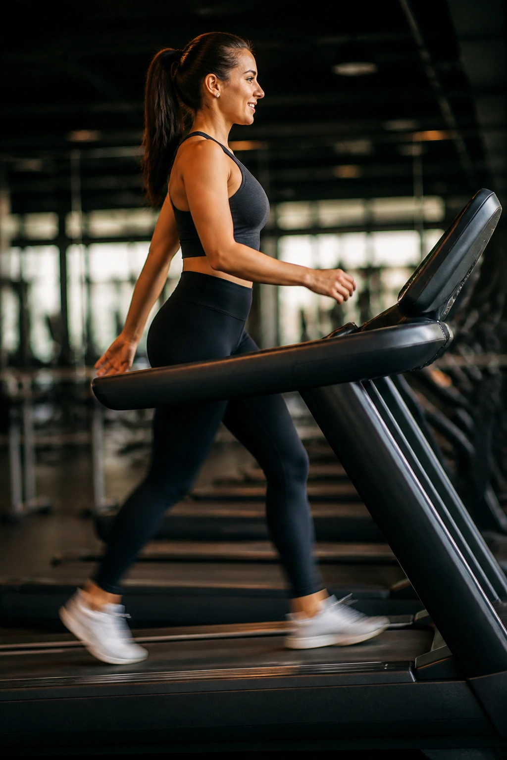 Person walking on treadmill in gym demonstrating incline walking variation