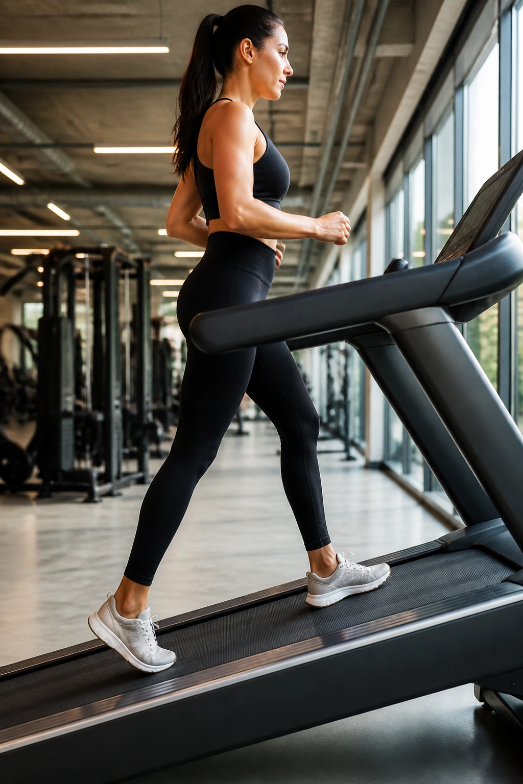 Side-profile of a person walking on an incline treadmill