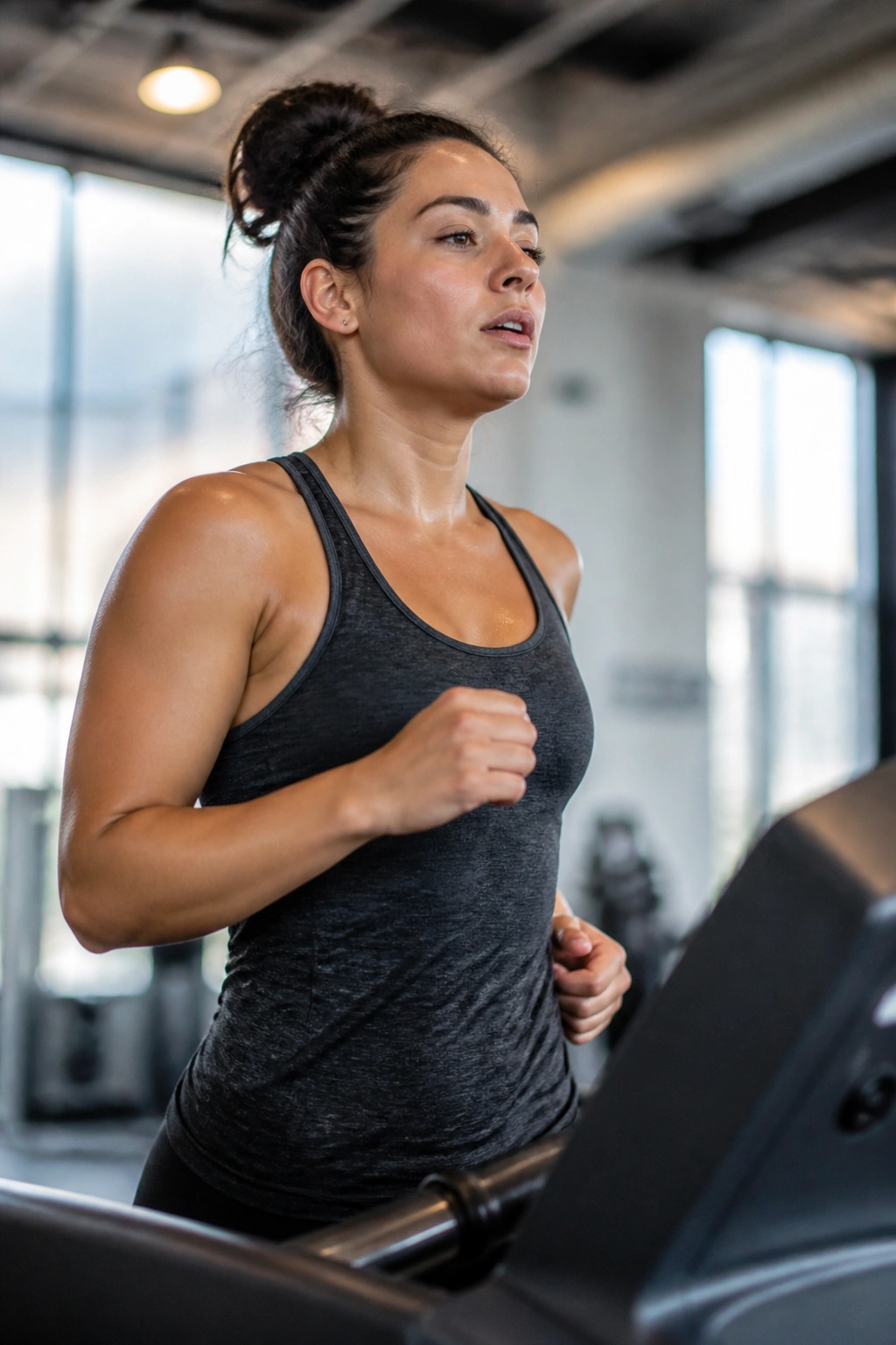Portrait of a person incline-walking on a treadmill in a gym