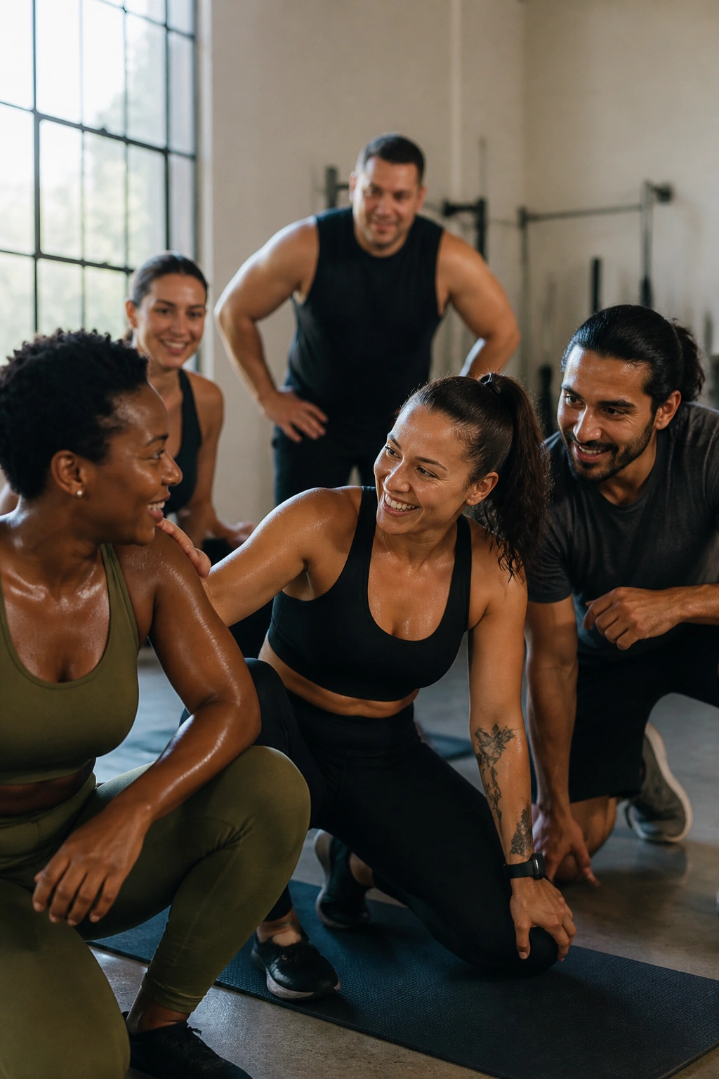 Diverse real people mid-workout in a gym, showcasing inclusive fitness and relatability