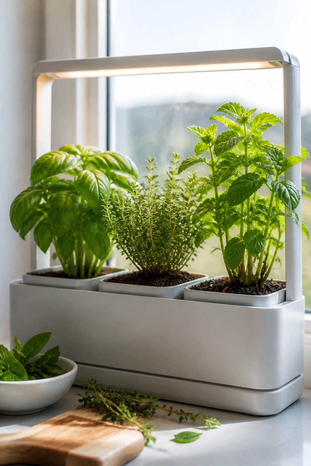 Close-up of an indoor herb garden kit on a sunny windowsill.