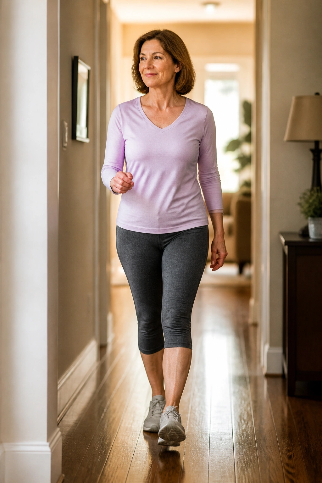 Person walking indoors in a hallway for low-impact intervals