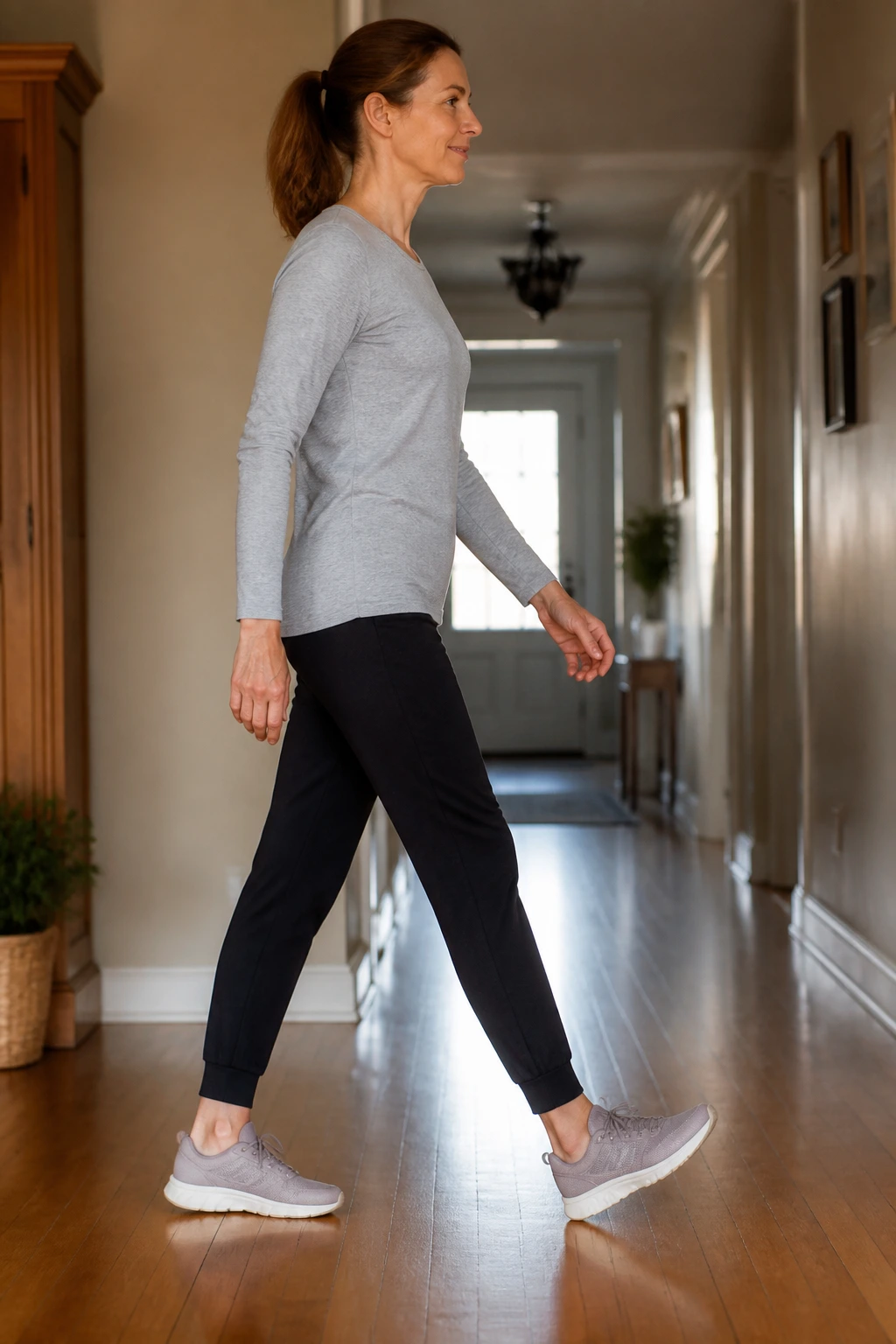 Person walking indoors on flat surface showing soft foot strike and controlled gait in a hallway.