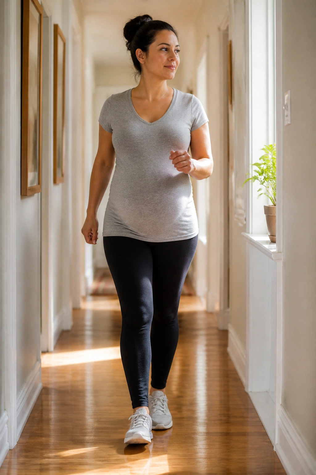 Pregnant person walking in a sunlit hallway.