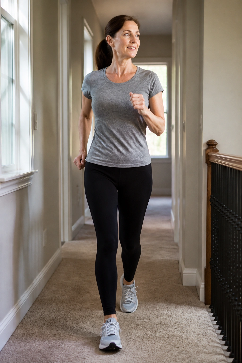 Mid-shot of a person walking briskly in a hallway indoors