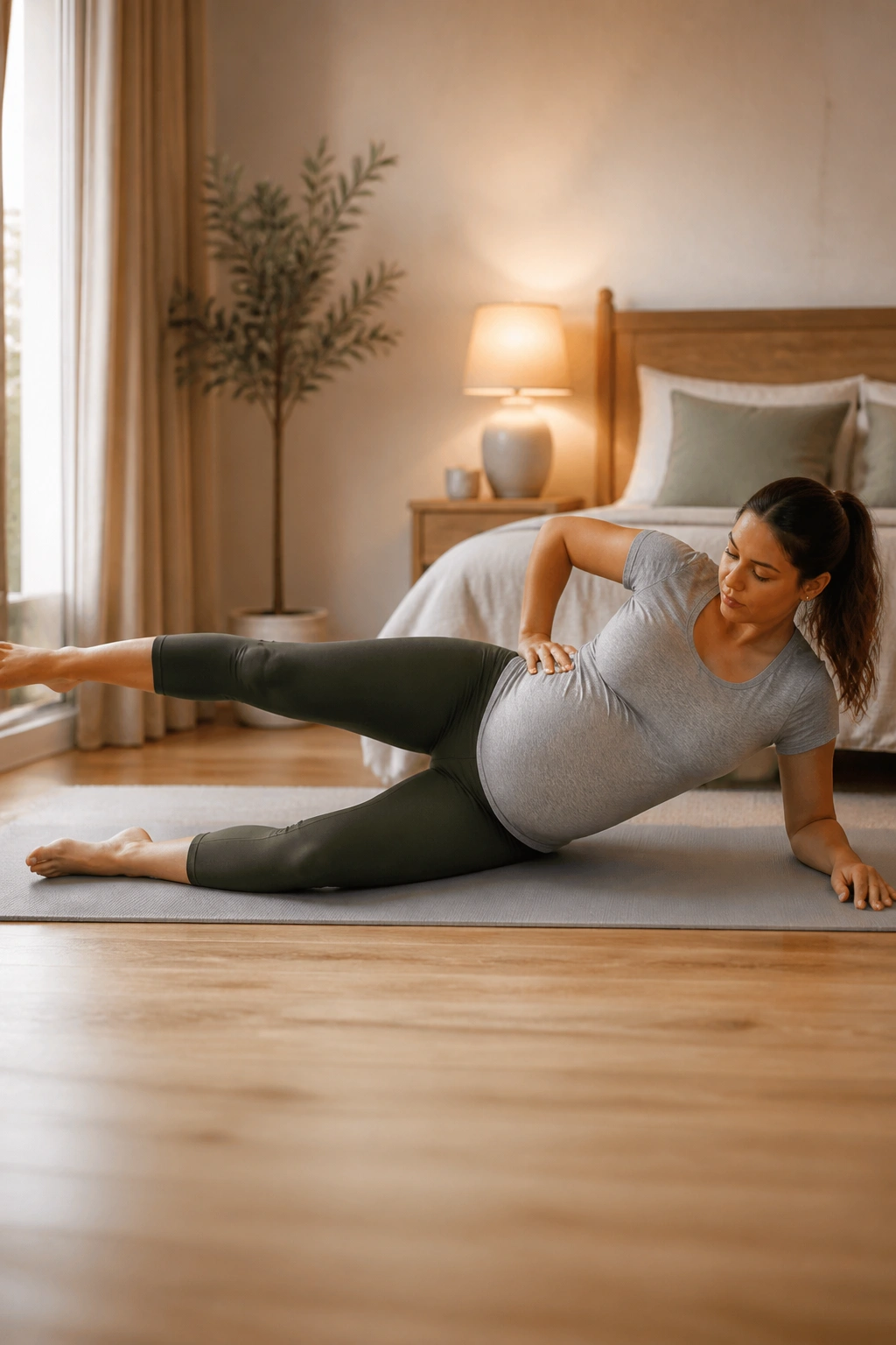 Pregnant woman performing side-lying inner-thigh lift